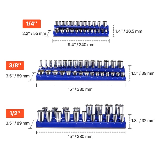 Hylsnyckelorganisatör set, Magnetisk, 6 delar, 380x89x39 mm, Blå Röd, Förvaring