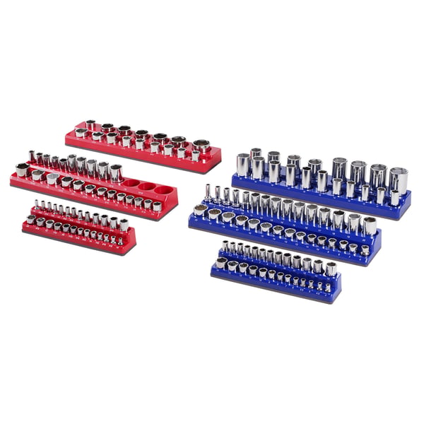 Hylsnyckelorganisatör set, Magnetisk, 6 delar, 380x89x39 mm, Blå Röd, Förvaring