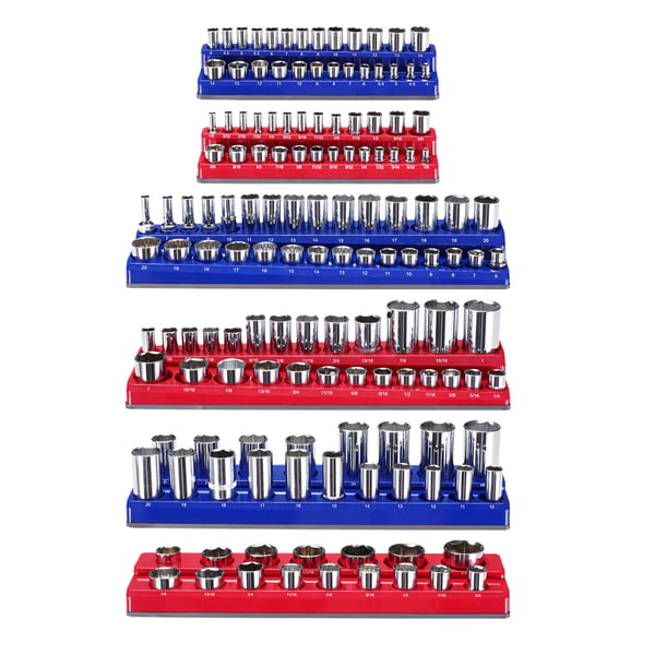 Hylsnyckelorganisatör set, Magnetisk, 6 delar, 380x89x39 mm, Blå Röd, Förvaring