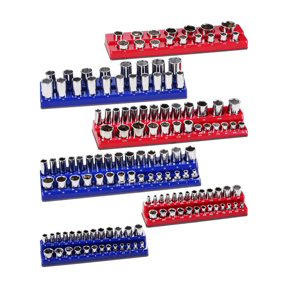 Hylsnyckelorganisatör set, Magnetisk, 6 delar, 380x89x39 mm, Blå Röd, Förvaring