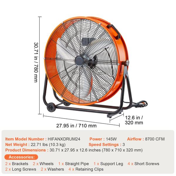 Industriel gulvventilator, 78x71x32 cm, justerbar, kraftig