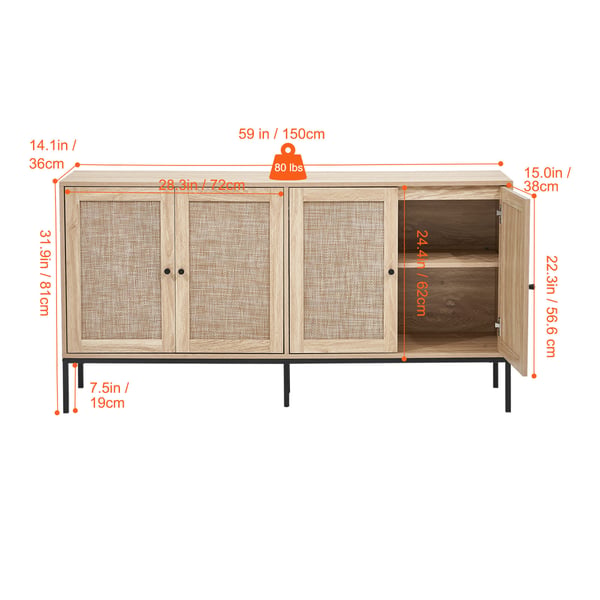Opbevaringsskab, 150x36x80 cm, Natur, Rattan, Opbevaring