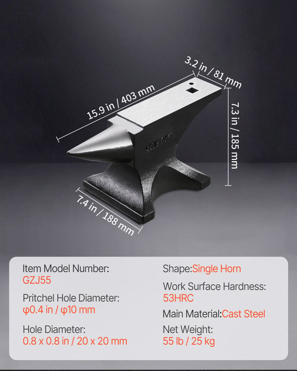 Ambolt, enkelt horn støbt stål, 40,3x8,1 cm, metalbearbejdningsværktøj