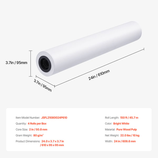 Plotterpapirruller, 24x4570 cm, Hvid, Bondpapir