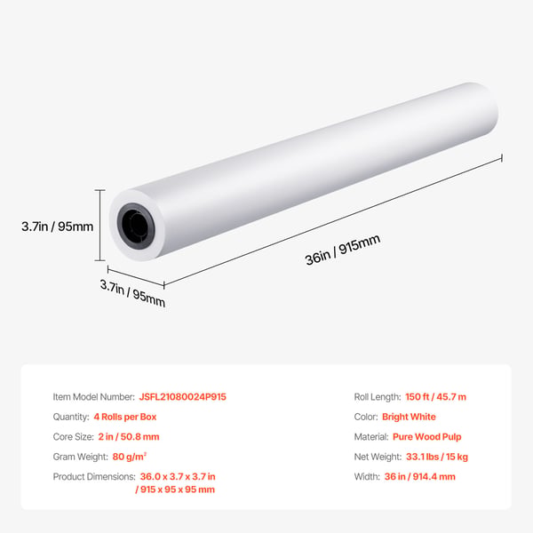 Plotterpappersrullar 91,4x4570 cm Vit, 4 rullar, Trämassa