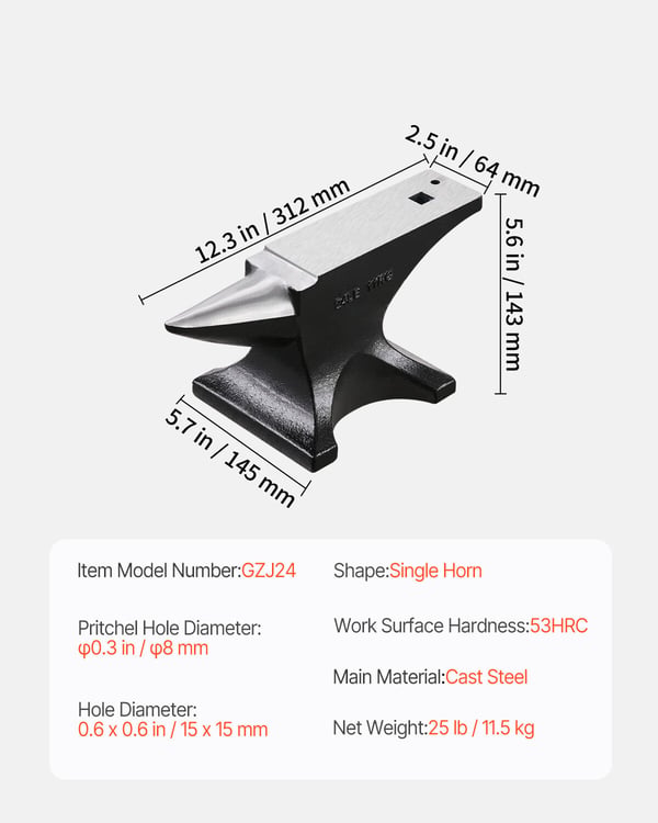 Ambolt, Enkelt horn støbestål, 31,2x6,4 cm, Metalbearbejdningsværktøj