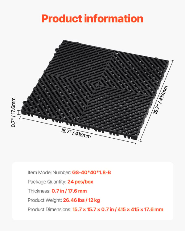 Afløbsgulvmåtte, 41.5x41.5x1.8 cm, Sort, PP-materiale