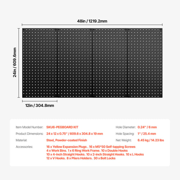 Pegboard paneler, 61x30x1,9 cm, sort, metal opbevaring