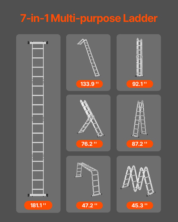 Taitettava tikas, 7-in-1 teleskooppinen jatkettava, 156x61x221 cm, säädettävä, alumiini