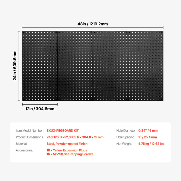 Pegboard paneler, 61x30x1,9 cm, Sort, Stål