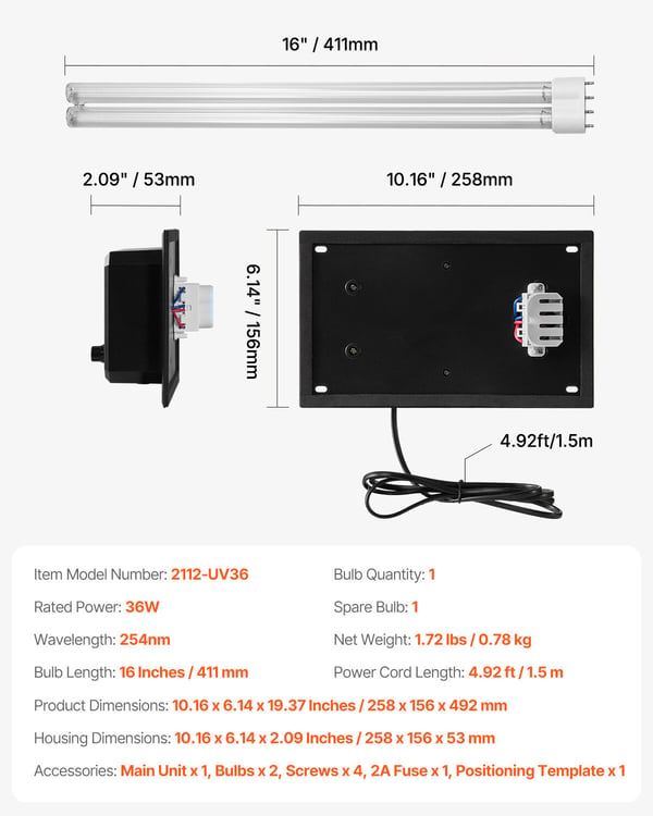 Luftrenser, Hele huset HVAC UV UVC, 25.8x15.6x40.2 cm, Sort, luftrenser