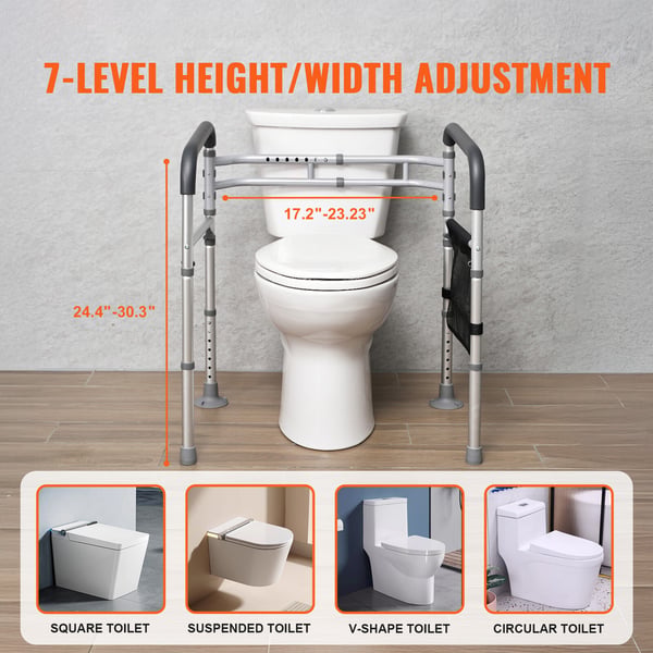 Toilet sikkerhedsarm, justerbar sammenklappelig aluminium, 50,5x52,5x62-77 cm