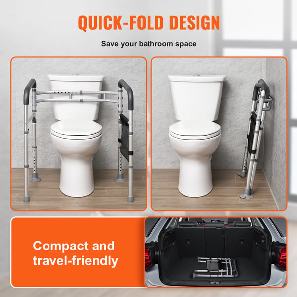 Toilet sikkerhedsarm, justerbar sammenklappelig aluminium, 50,5x52,5x62-77 cm