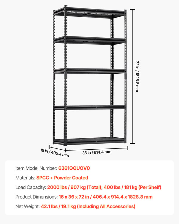 Opbevaringsreol, 40,6x91,4x182,9 cm, Sort, Metal