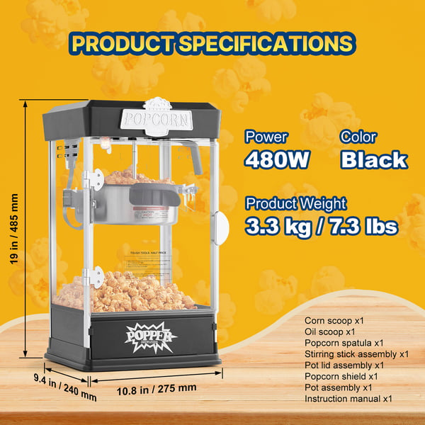 Popcorn-kone, 27,5x24x48,5 cm, musta, elokuvateatterityyli