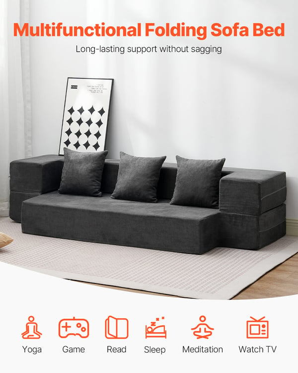 Taitettava vuodesohva 103x193x22,5 cm tummanharmaa, memory foam