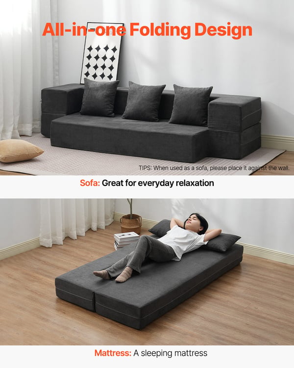 Taitettava vuodesohva 103x193x22,5 cm tummanharmaa, memory foam