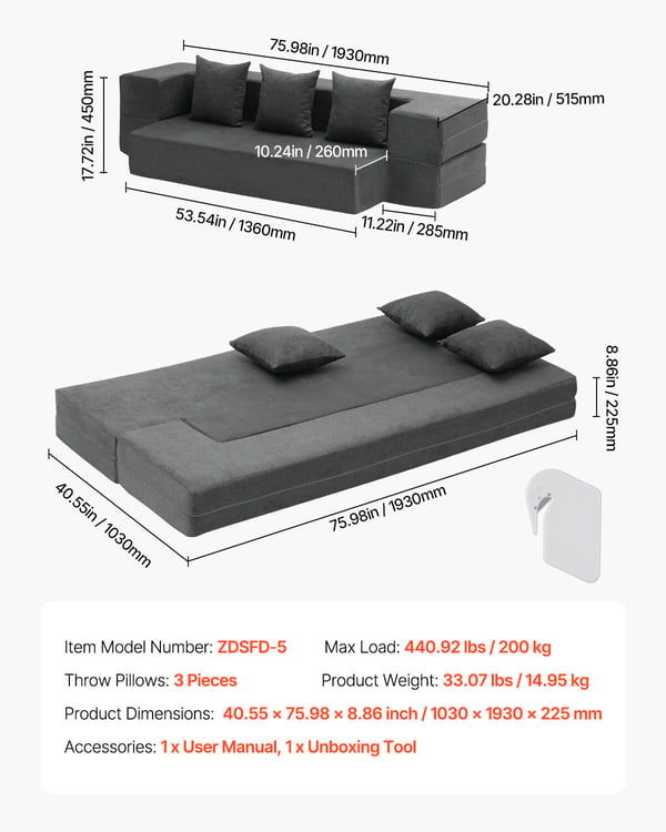 Taitettava vuodesohva 103x193x22,5 cm tummanharmaa, memory foam