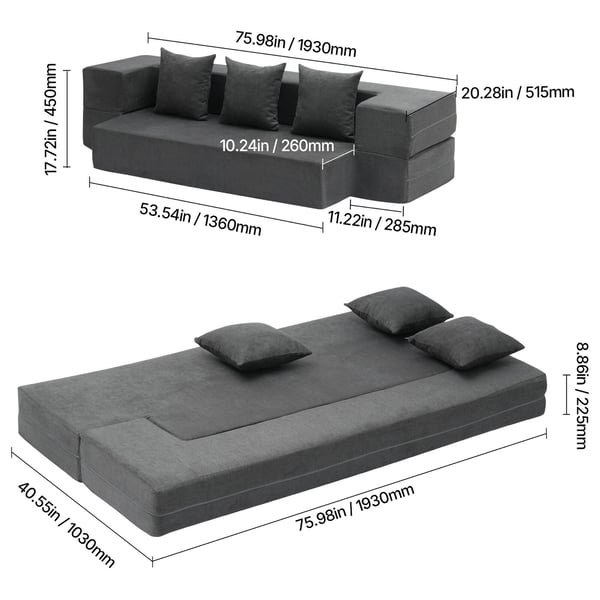 Taitettava vuodesohva 103x193x22,5 cm tummanharmaa, memory foam