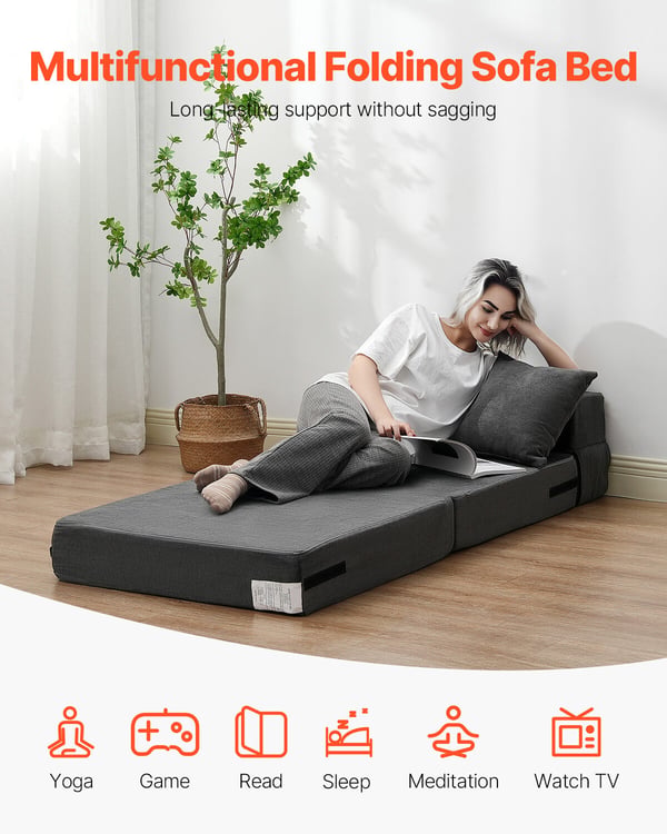 Vuodesohva, Taitettava 3-in-1 Sohvasänky 186x73x15 cm, Tummanharmaa, Memory Foam