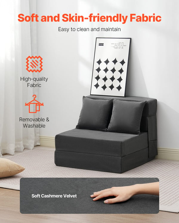 Vuodesohva, Taitettava 3-in-1 Sohvasänky 186x73x15 cm, Tummanharmaa, Memory Foam