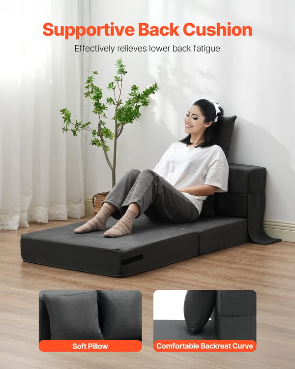 Vuodesohva, Taitettava 3-in-1 Sohvasänky 186x73x15 cm, Tummanharmaa, Memory Foam
