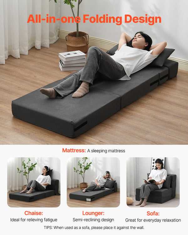 Vuodesohva, Taitettava 3-in-1 Sohvasänky 186x73x15 cm, Tummanharmaa, Memory Foam