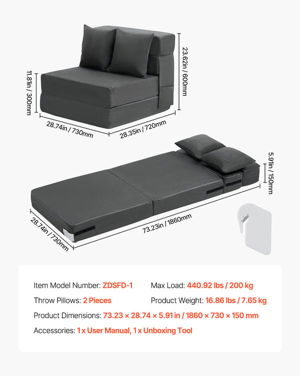 Vuodesohva, Taitettava 3-in-1 Sohvasänky 186x73x15 cm, Tummanharmaa, Memory Foam