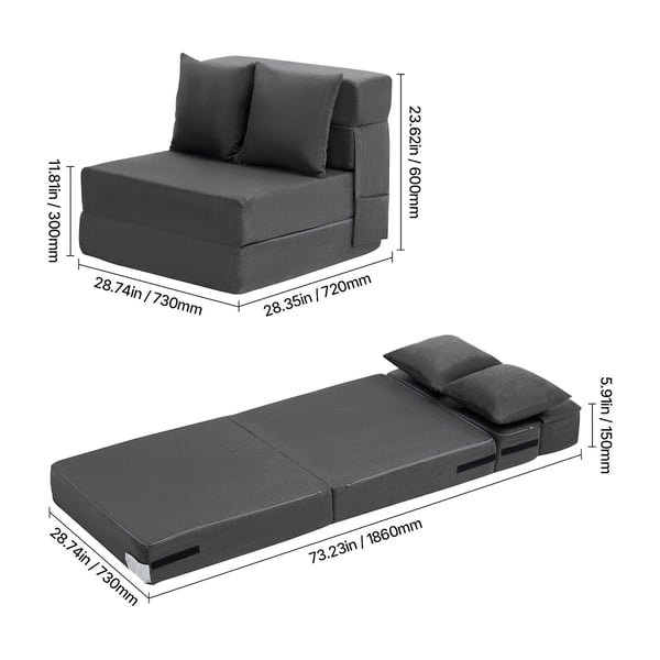Vuodesohva, Taitettava 3-in-1 Sohvasänky 186x73x15 cm, Tummanharmaa, Memory Foam