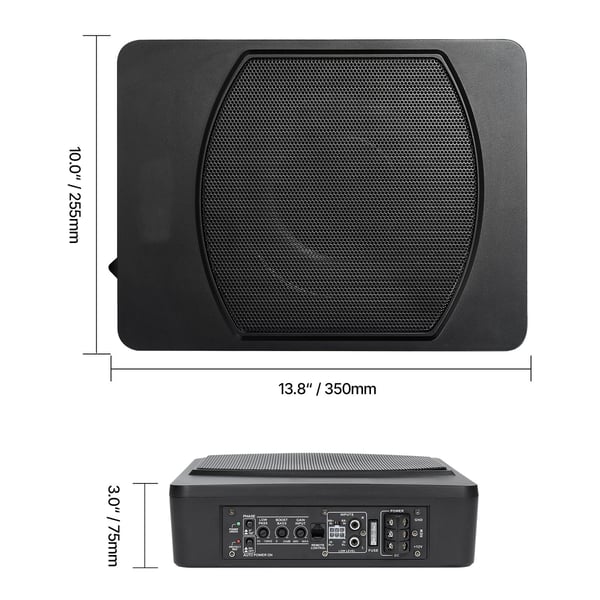 Bilsubwoofer, 10 tommer 240W slank under-sæde aktiv subwoofer, 35x25,5x7,5 cm, sort, lyd