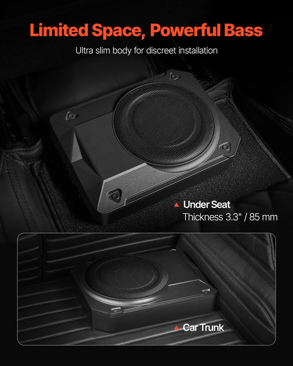 Bilsubwoofer, 10 tommer slank aktiv under sædet subwoofer 35x25.5x8.5 cm, sort, lyd