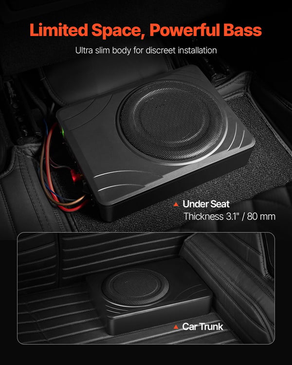 Bilsubwoofer, 8 tommer 300W slank under sædet aktiv subwoofer, 32,2x23,5x8 cm, sort, lyd