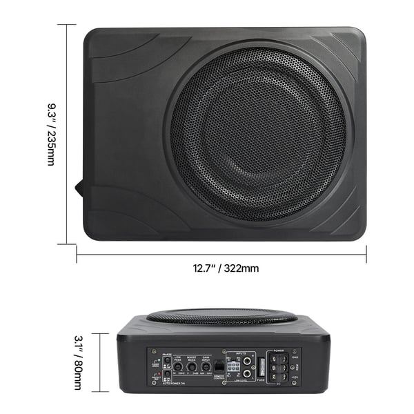Bilsubwoofer, 8 tommer 300W slank under sædet aktiv subwoofer, 32,2x23,5x8 cm, sort, lyd