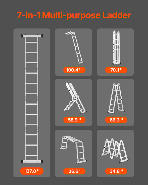 Taitettava tikas, 7-in-1 säädettävä teleskooppitikas, 350x60,8x168,5 cm, alumiini