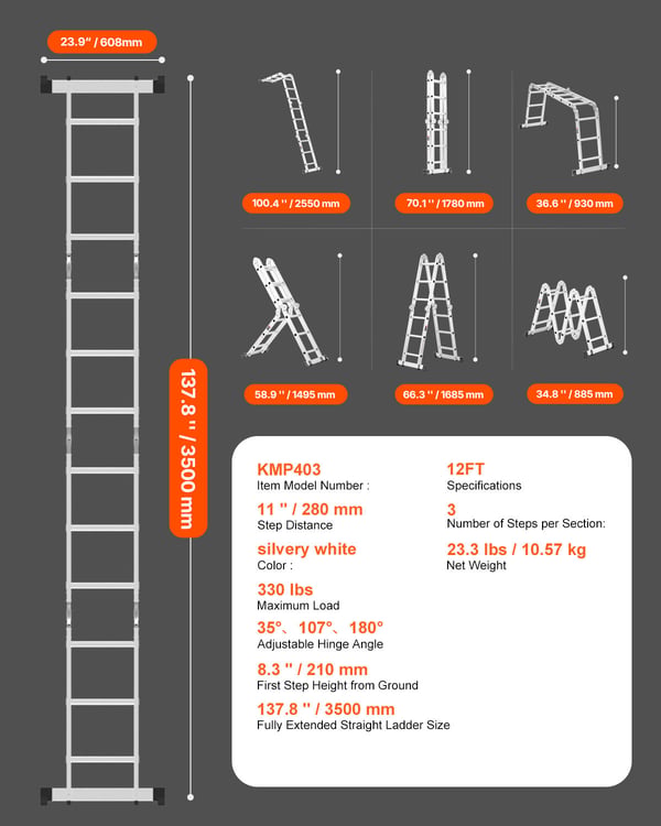 Taitettava tikas, 7-in-1 säädettävä teleskooppitikas, 350x60,8x168,5 cm, alumiini