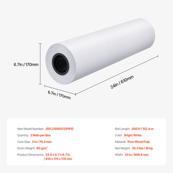 Plotterpapirruller, 61 cm x 152,4 m, Hvid, Bondpapir