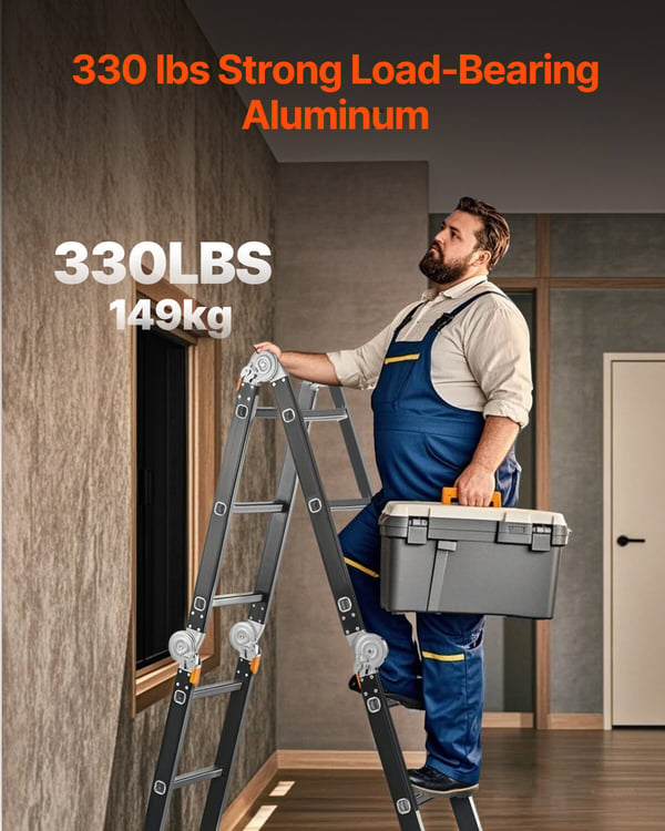 Taitettava tikas, 7-in-1 teleskooppinen jatkotikas, 355x60.8x173 cm, alumiini