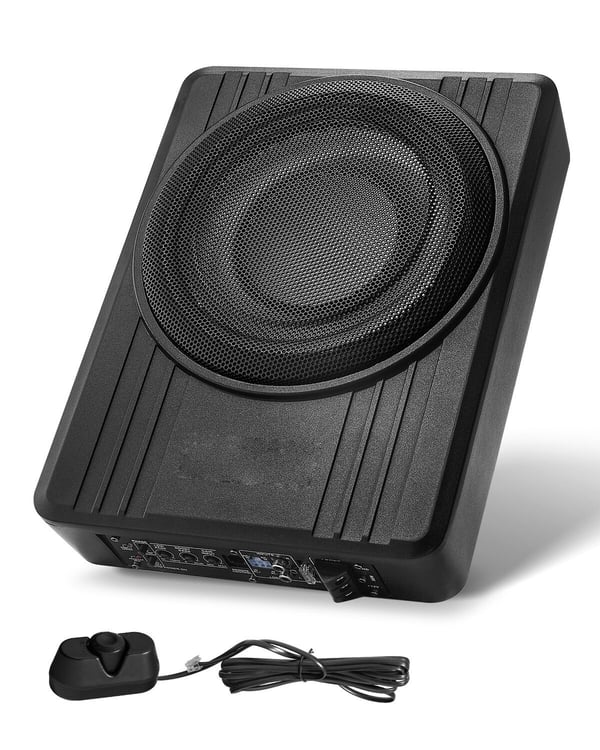 Bilsubwoofer, 10 tommer slank aktiv under sædet, 35x25,5x8 cm, sort, lyd
