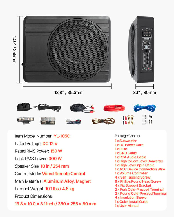 Bilsubwoofer, 10 tommer slank aktiv under sædet, 35x25,5x8 cm, sort, lyd
