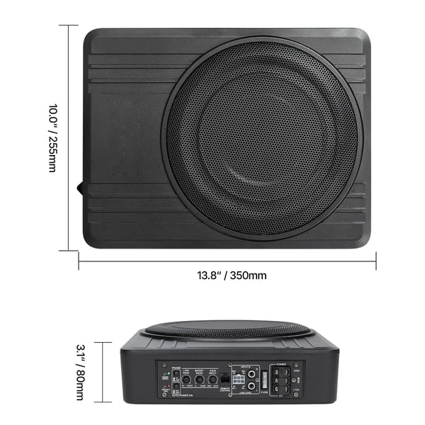 Bilsubwoofer, 10 tommer slank aktiv under sædet, 35x25,5x8 cm, sort, lyd