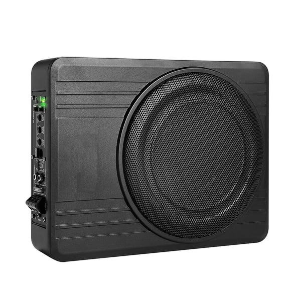 Bilsubwoofer, 10 tommer slank aktiv under sædet, 35x25,5x8 cm, sort, lyd