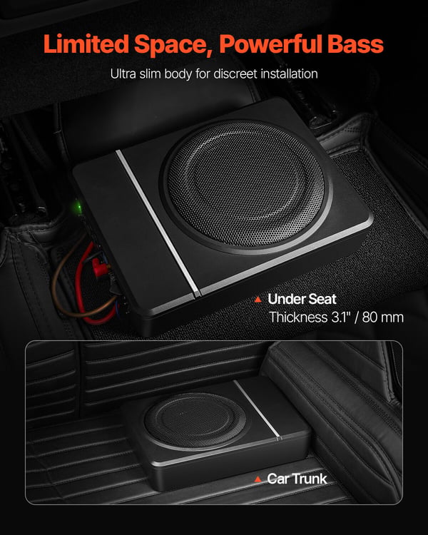 Bilsubwoofer, 8 tommer 240W slank under-sæde aktiv subwoofer, 32,2x23,5x8 cm, sort, lydenhed