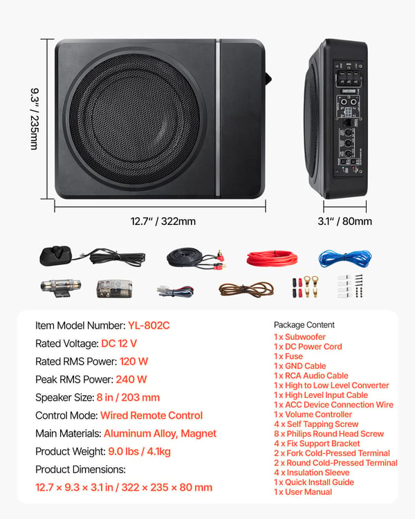 Bilsubwoofer, 8 tommer 240W slank under-sæde aktiv subwoofer, 32,2x23,5x8 cm, sort, lydenhed