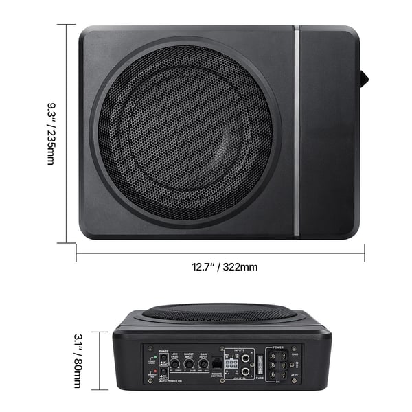 Bilsubwoofer, 8 tommer 240W slank under-sæde aktiv subwoofer, 32,2x23,5x8 cm, sort, lydenhed
