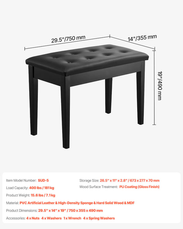Pianopall, 75x35,5x49 cm, Förvaring, Stoppad sits, Trä