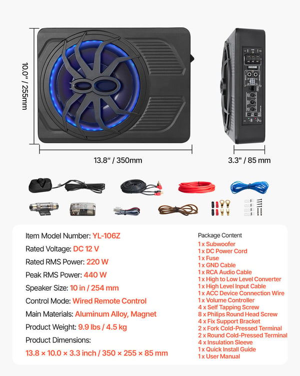 Bilsubwoofer, 10 tum 440W slimmad understolsubwoofer, 35x25,5x8,5 cm, blå, ljud