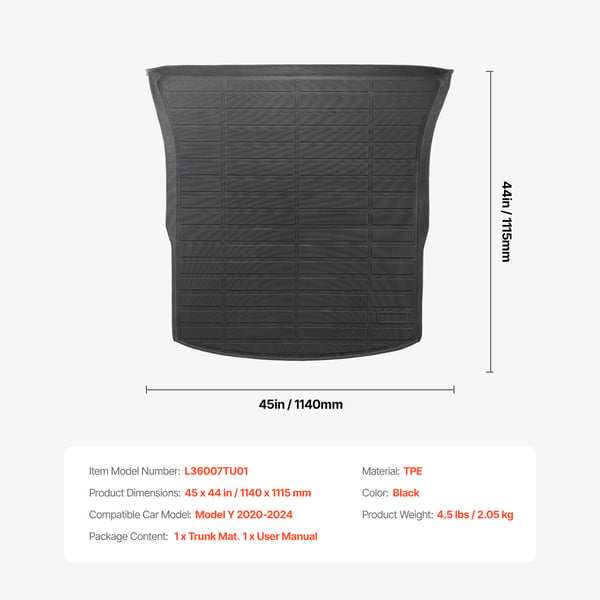 Bagagerumsmatta, kompatibel med Tesla Model Y 2020-2024, 114x111,5 cm, svart, TPE