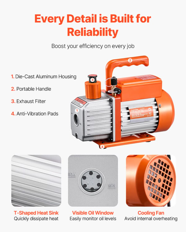 Vakuumpump 27,5x12x22,5 cm, HVAC enkelstegs roterande lamell, oljeflaska