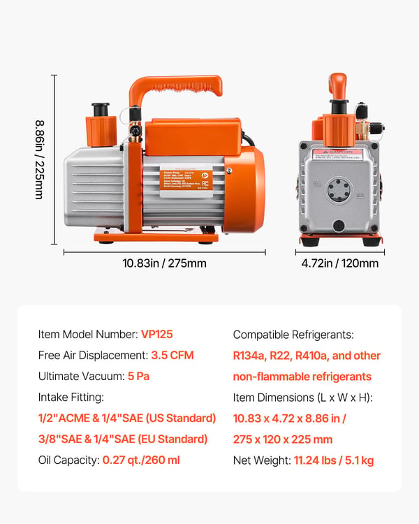 Vakuumpump 27,5x12x22,5 cm, HVAC enkelstegs roterande lamell, oljeflaska