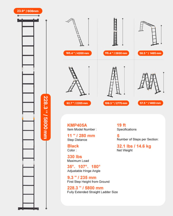 Taitettava tikas, 7-in-1 monikäyttöinen teleskooppitikas, 193x708x277,5 cm, säädettävä, alumiini